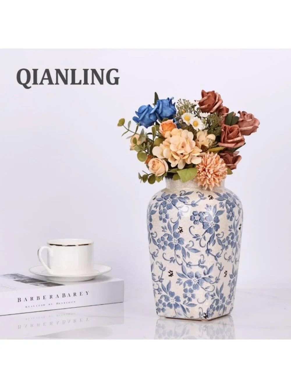Vintage Blue and White Floral Vase - 9.7